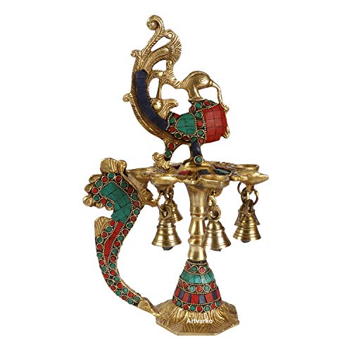 Artvarko 1 Feet Large Brass Peacock Design Multi Oil Wick Diya Lamp Pooja Home Decor Showpieces Diwali Gift. - Image 2