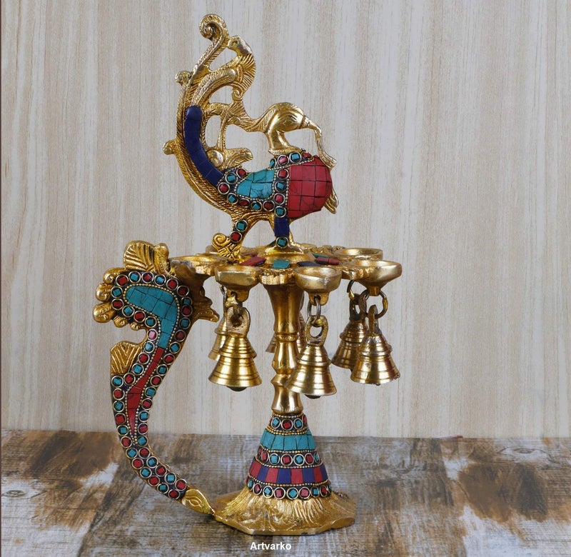 Artvarko 1 Feet Large Brass Peacock Design Multi Oil Wick Diya Lamp Pooja Home Decor Showpieces Diwali Gift. - Image 1