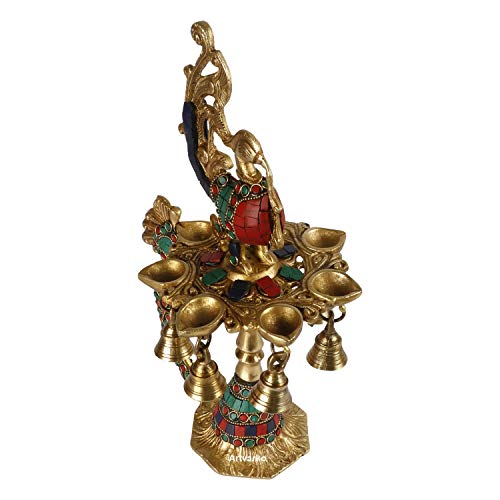 Artvarko 1 Feet Large Brass Peacock Design Multi Oil Wick Diya Lamp Pooja Home Decor Showpieces Diwali Gift. - Image 5