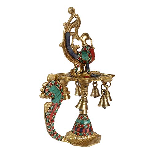 Artvarko 1 Feet Large Brass Peacock Design Multi Oil Wick Diya Lamp Pooja Home Decor Showpieces Diwali Gift. - Image 4