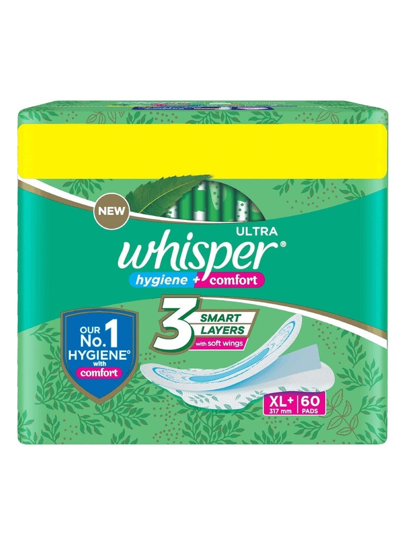 Whisper Whisper Ultra hygiene + comfort  Sanitry Pads, 60 XL+ PADS, FOR HEAVY FLOW, LONG LASTING PROTECTION, LOCKS ODOUR & WETNESS, DRY TOP SHEET, DISPOSABLE WRAPPER  - Image 1