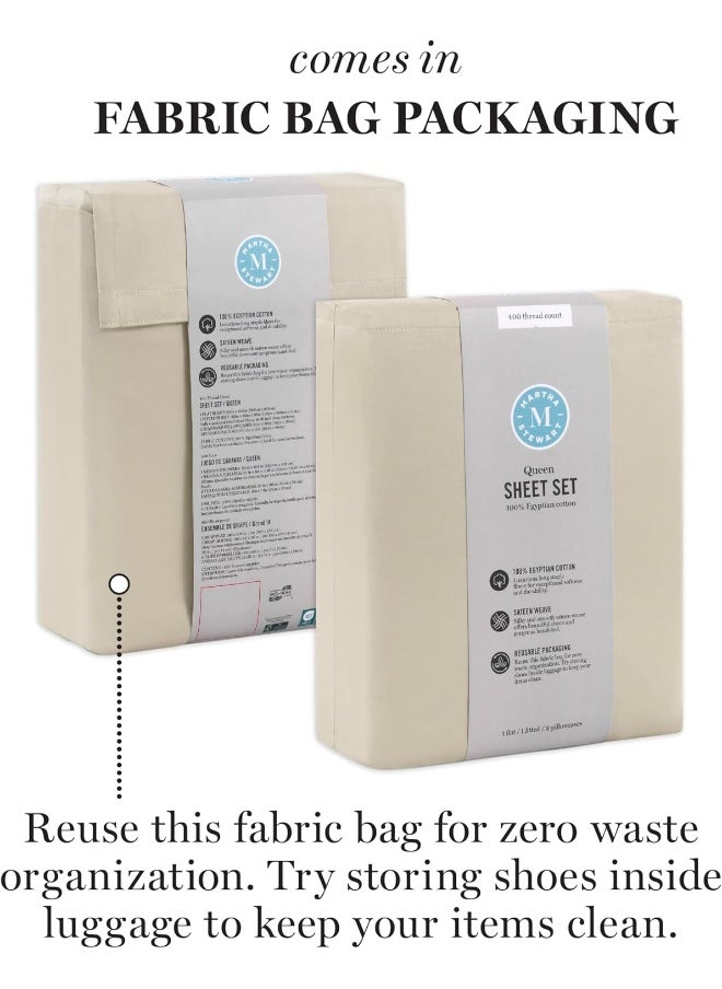 MARTHA STEWART 400TC 100% Egyptian Cotton Sateen Sheet Set, Beige, Ivory, 4 Piece - 1 Flat Sheet, 1 Fitted Sheet, 2 Std Pillowcases, Soft & Breathable, Premium Bed Sheets, Solid Color, Queen Size