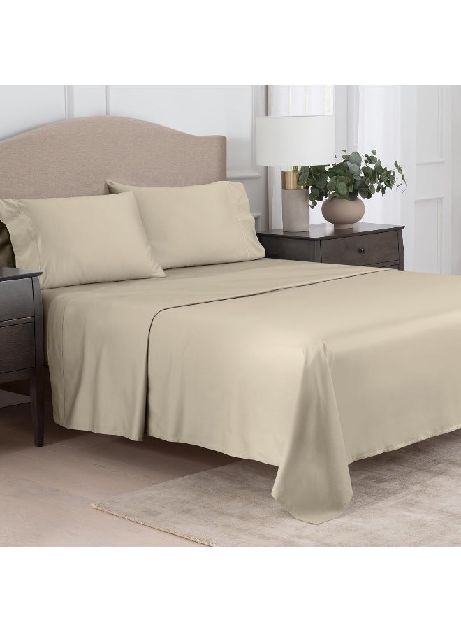MARTHA STEWART 400TC 100% Egyptian Cotton Sateen Sheet Set, Beige, Ivory, 4 Piece - 1 Flat Sheet, 1 Fitted Sheet, 2 Std Pillowcases, Soft & Breathable, Premium Bed Sheets, Solid Color, Queen Size