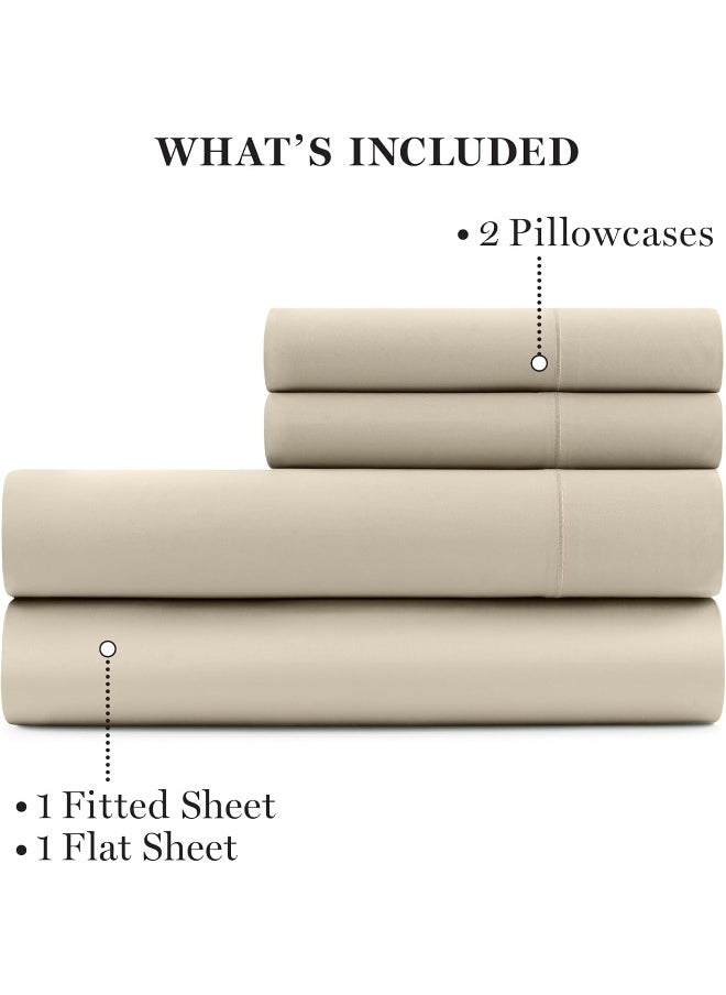 MARTHA STEWART 400TC 100% Egyptian Cotton Sateen Sheet Set, Beige, Ivory, 4 Piece - 1 Flat Sheet, 1 Fitted Sheet, 2 Std Pillowcases, Soft & Breathable, Premium Bed Sheets, Solid Color, Queen Size