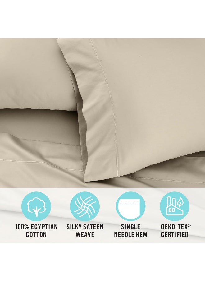 MARTHA STEWART 400TC 100% Egyptian Cotton Sateen Sheet Set, Beige, Ivory, 4 Piece - 1 Flat Sheet, 1 Fitted Sheet, 2 Std Pillowcases, Soft & Breathable, Premium Bed Sheets, Solid Color, Queen Size