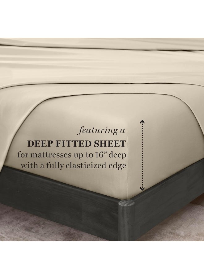 MARTHA STEWART 400TC 100% Egyptian Cotton Sateen Sheet Set, Beige, Ivory, 4 Piece - 1 Flat Sheet, 1 Fitted Sheet, 2 Std Pillowcases, Soft & Breathable, Premium Bed Sheets, Solid Color, Queen Size