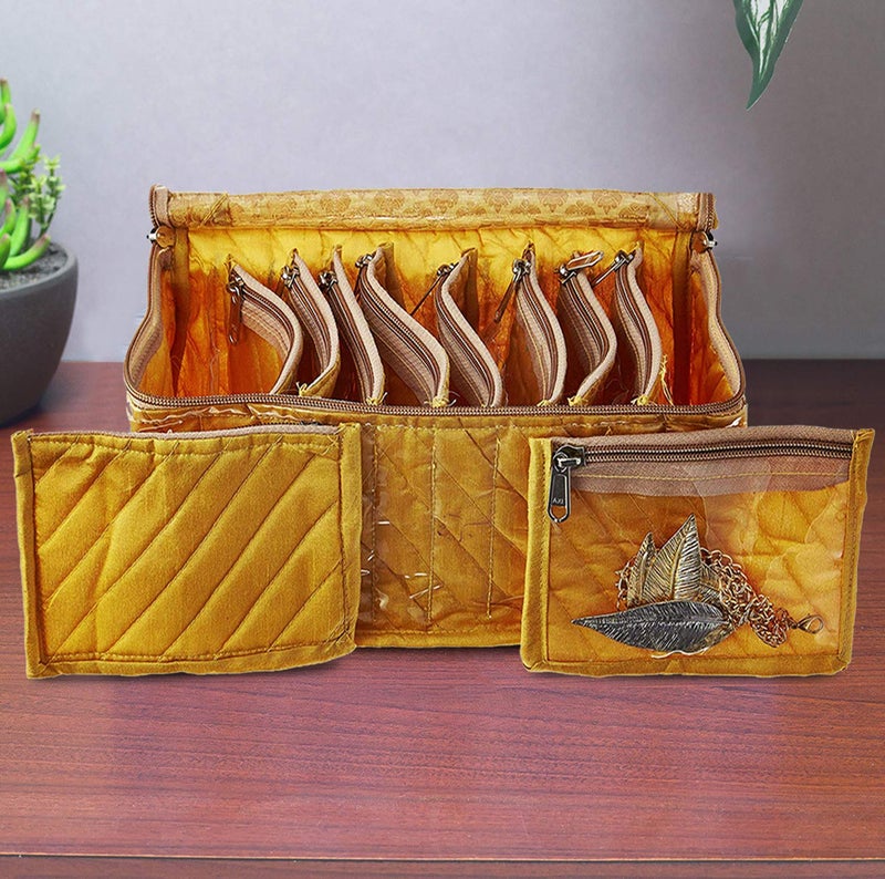 Kuber Industries Kuber Industries Fabric Jewellery Box with 10 Transparent Pouches (Gold)-KUBMART2972  - Image 1
