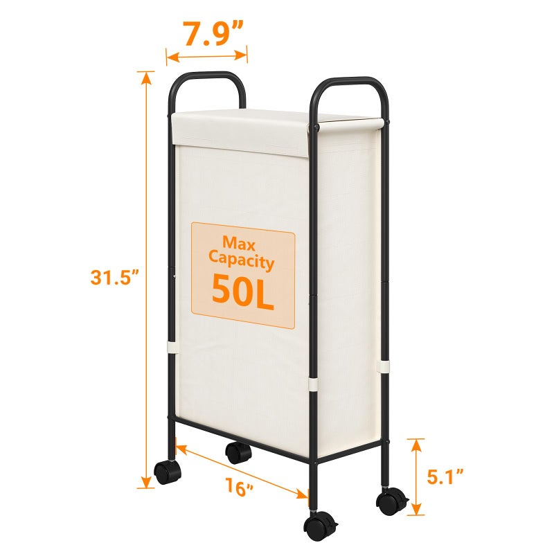 ELYKEN Slim Laundry Hamper with Lid, 50L Small Rolling Laundry Basket on Wheels, 7.9â€ Narrow Dirty Cloth Cart with Removable Inner Bag for Small Bathroom, Bedroom, Creamy - Image 3