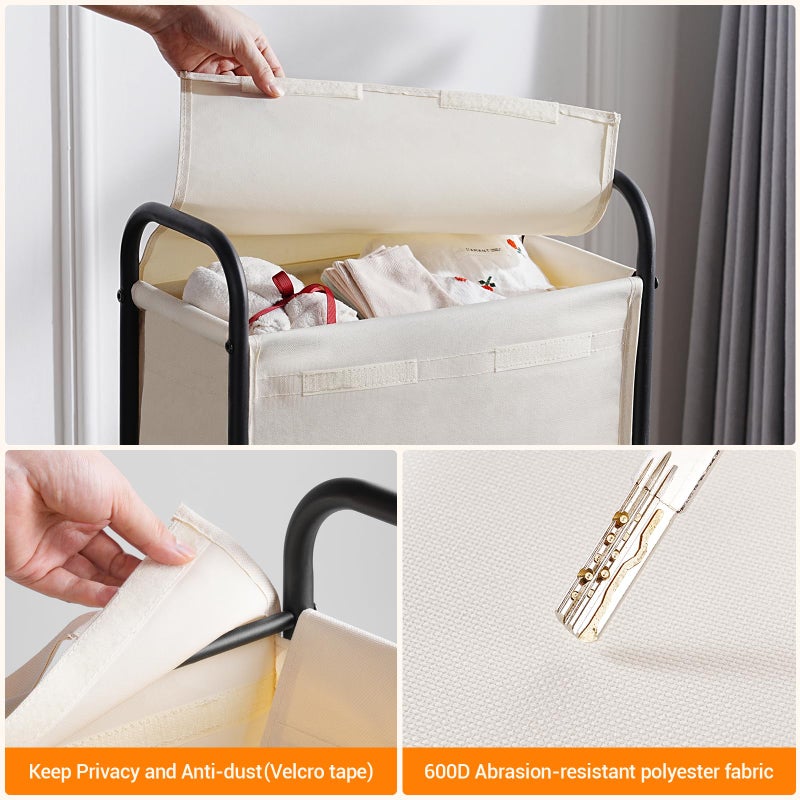 ELYKEN Slim Laundry Hamper with Lid, 50L Small Rolling Laundry Basket on Wheels, 7.9â€ Narrow Dirty Cloth Cart with Removable Inner Bag for Small Bathroom, Bedroom, Creamy - Image 5