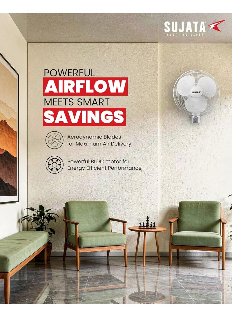 Sujata BLDC Wall Fan with Remote | 2 Year Warranty | 400mm Sweep, 1350 RPM | Silent Operation, with Oscillation, 100% Copper Winding, Ideal for Bedroom, Living Room, Office (Greenova Air - White) - Image 3