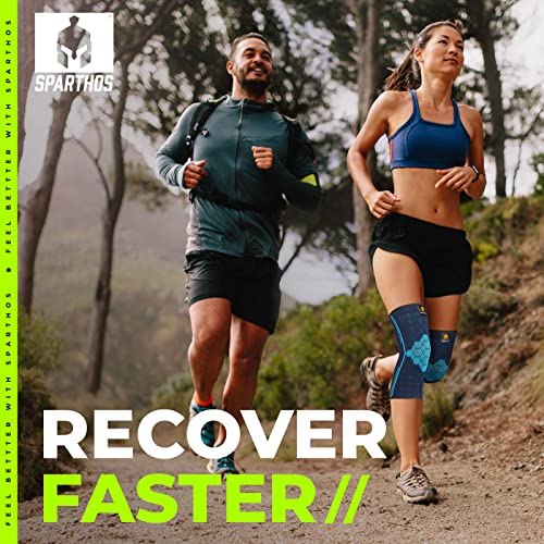 Sparthos Knee Compression Sleeves (Pair) – Support Sports, Running, Joint, Knee Pain Relief – Knee Brace Men Women – Knee Sprains Strains Arthritis Ligament Injury Recovery (Blue-M) - Image 3