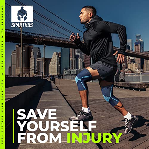 Sparthos Knee Compression Sleeves (Pair) – Support Sports, Running, Joint, Knee Pain Relief – Knee Brace Men Women – Knee Sprains Strains Arthritis Ligament Injury Recovery (Blue-M) - Image 4