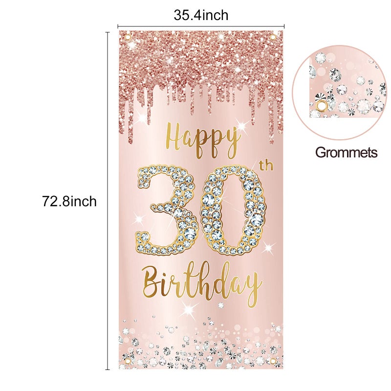 Excelloon Happy 30th Birthday Door Banner Backdrop Decorations for Her, Pink Rose Gold 30 Birthday Party Door Cover Sign Supplies, Thirty Year Old Birthday Poster Background Decor - Image 2