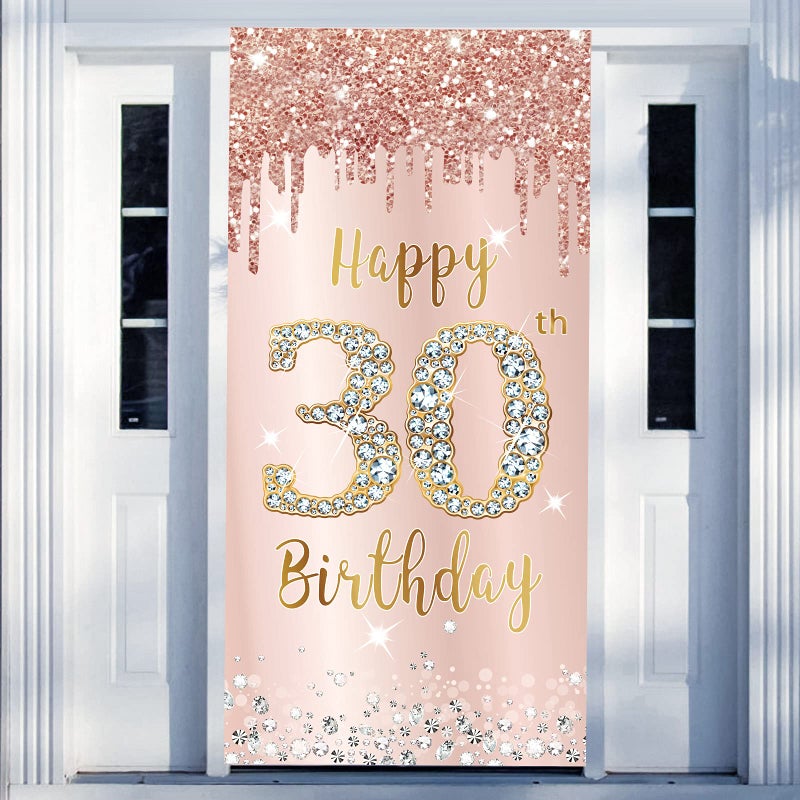 Excelloon Happy 30th Birthday Door Banner Backdrop Decorations for Her, Pink Rose Gold 30 Birthday Party Door Cover Sign Supplies, Thirty Year Old Birthday Poster Background Decor - Image 1