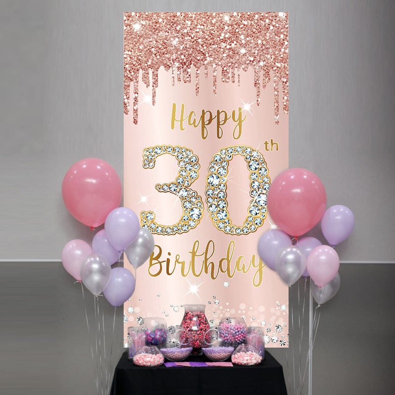 Excelloon Happy 30th Birthday Door Banner Backdrop Decorations for Her, Pink Rose Gold 30 Birthday Party Door Cover Sign Supplies, Thirty Year Old Birthday Poster Background Decor - Image 5
