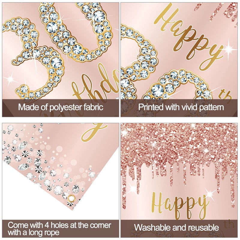 Excelloon Happy 30th Birthday Door Banner Backdrop Decorations for Her, Pink Rose Gold 30 Birthday Party Door Cover Sign Supplies, Thirty Year Old Birthday Poster Background Decor - Image 3