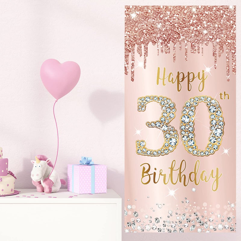 Excelloon Happy 30th Birthday Door Banner Backdrop Decorations for Her, Pink Rose Gold 30 Birthday Party Door Cover Sign Supplies, Thirty Year Old Birthday Poster Background Decor - Image 4