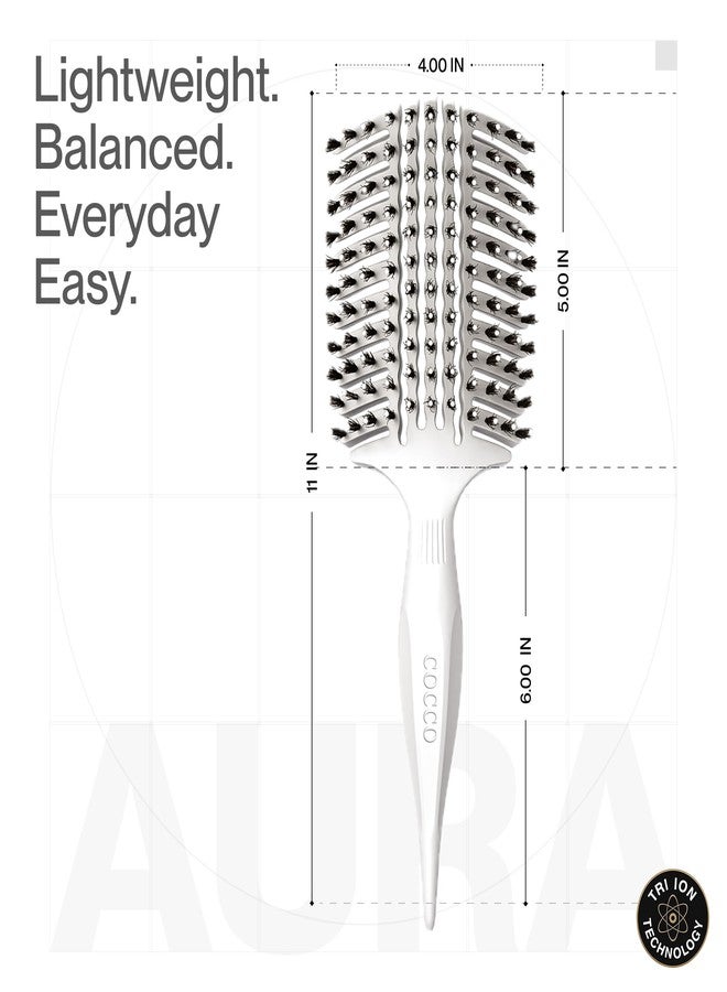 COCCO Aura Vent Boar Brush | Vented Dual-Curved Design for Faster Drying, Effortless Detangling & Shine, Boar + Nylon Bristles, Ergonomic Comfort Handle for Wet & Dry Hair Styling - White - Image 3