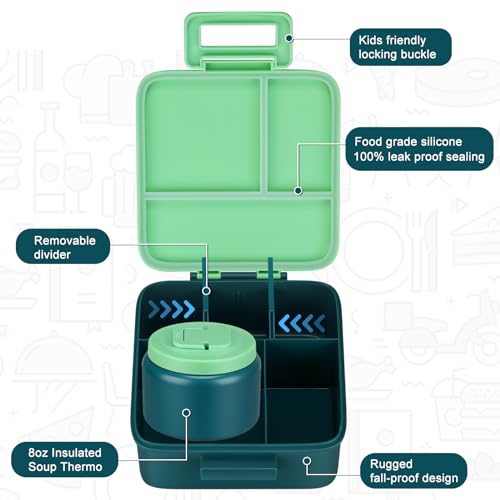 MAISON HUIS Bento Lunch Box with 8oz Soup Thermo, 5-Compartment Leak-Proof Container, Thermo Hot Food Jar and Insulated Lunch Bag, BPA Free,Travel, School (Green) - Image 2