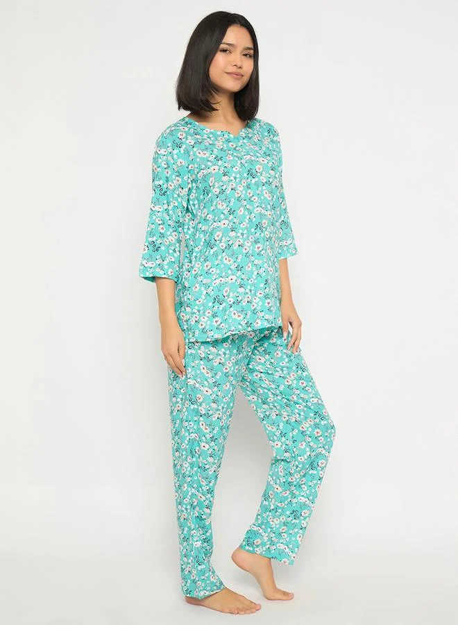 Clovia Clovia Floral Print Notch Neck Top and Pyjama Set