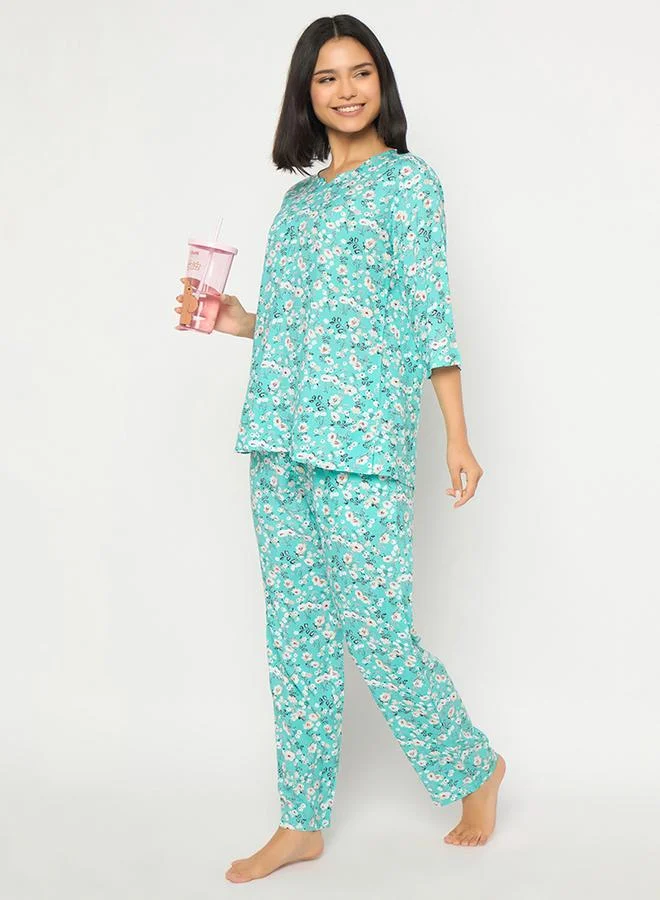 Clovia Clovia Floral Print Notch Neck Top and Pyjama Set