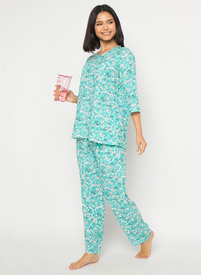 Clovia Floral Print Notch Neck Top and Pyjama Set - Image 3