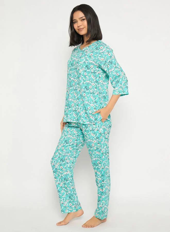 Clovia Clovia Floral Print Notch Neck Top and Pyjama Set