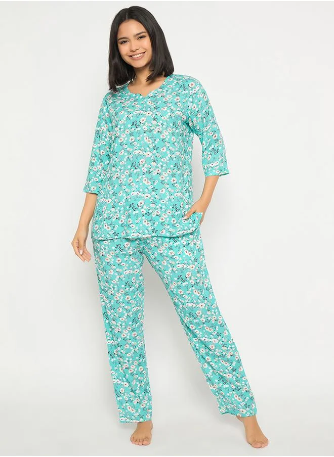 Clovia Clovia Floral Print Notch Neck Top and Pyjama Set