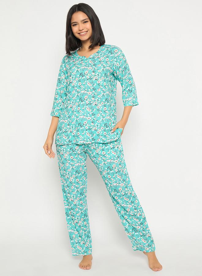 Clovia Floral Print Notch Neck Top and Pyjama Set - Image 1