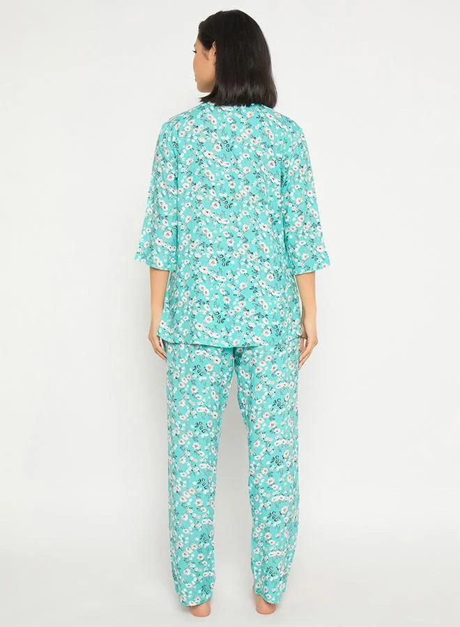 Clovia Clovia Floral Print Notch Neck Top and Pyjama Set
