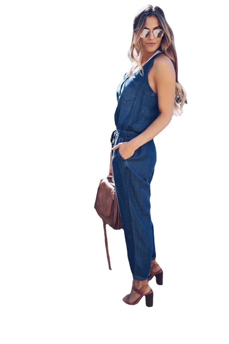 Euro-American Sleeveless Waist Slim Denim Jumpsuit Dark blue - Image 5