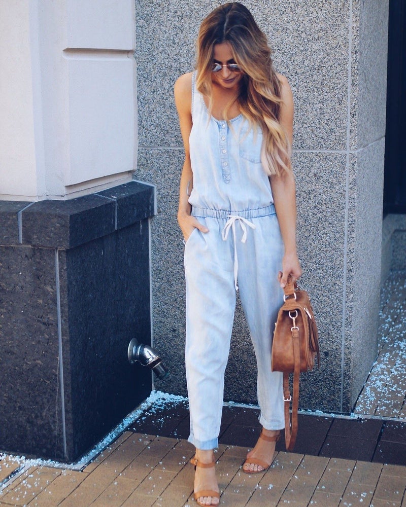 Euro-American Sleeveless Waist Slim Denim Jumpsuit Dark blue - Image 3