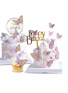 Party Decor, 22-Pieces Purple & Pink Butterfly Cake Decorations with Happy Birthday Acrylic Cake Toppers for Baby Shower Wedding Birthday Party Decor