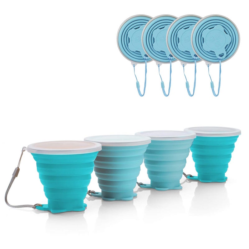 JBER Silicone Collapsible Travel Cup 4 Pack Silicone Folding Camping Cup with Lids Expandable Drinking Cup Set BPA Free Reusable Portable Graduated for Outdoor Hiking Travel