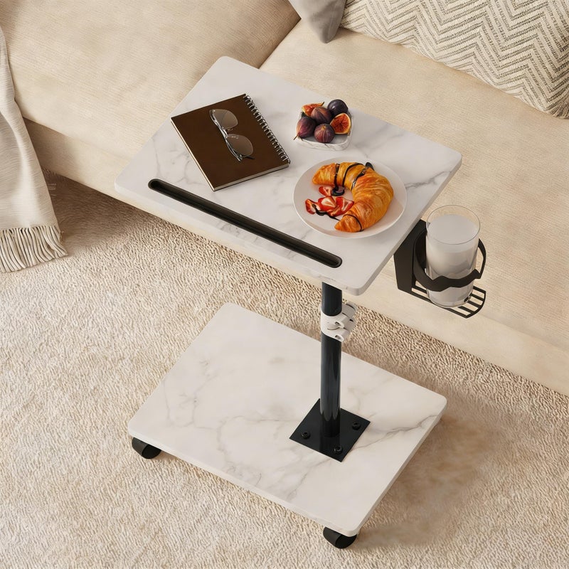 Katrawu Adjustable TV Tray Table, TV Dinner Table for Eating, C-Shaped TV Trays for Couch, 360Â°Swivel Side End Table, Slide Under Sofa Snack Table for Bedroom Living Room Small Space (White+Black) - Image 1