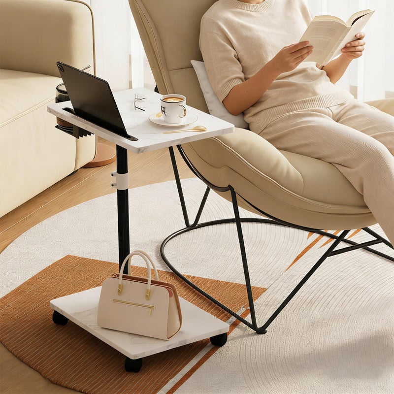 Katrawu Adjustable TV Tray Table, TV Dinner Table for Eating, C-Shaped TV Trays for Couch, 360Â°Swivel Side End Table, Slide Under Sofa Snack Table for Bedroom Living Room Small Space (White+Black) - Image 4