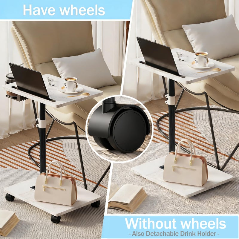 Katrawu Adjustable TV Tray Table, TV Dinner Table for Eating, C-Shaped TV Trays for Couch, 360Â°Swivel Side End Table, Slide Under Sofa Snack Table for Bedroom Living Room Small Space (White+Black) - Image 3