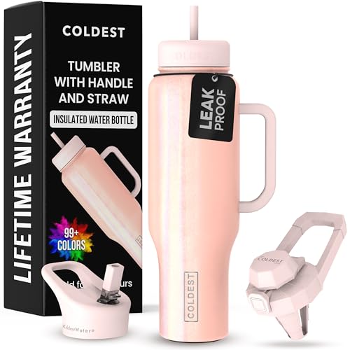 Coldest 40 oz Tumbler with Handle and Straw 100 Spill Proof Tumbler with Straw 3 Lids Stainless Steel Insulated Leakproof Tumblers for Women Men Cup Holder Friendly 46 oz Forever Pink Glitter