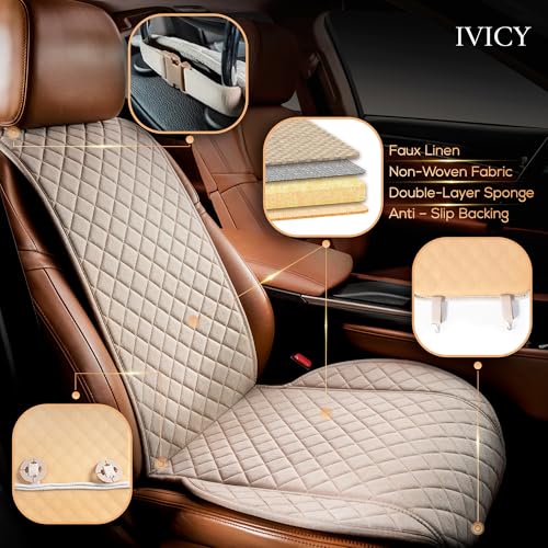 IVICY غطاء مقعد السيارة من IVICY - قماش كتان صناعي - متين وغير قابل للانزلاق - واقي مقعد السيارة الأمامي لمعظم السيارات، الفانات، SUVs، الشاحنات - وحدة واحدة - بيج دافئ - Image 2