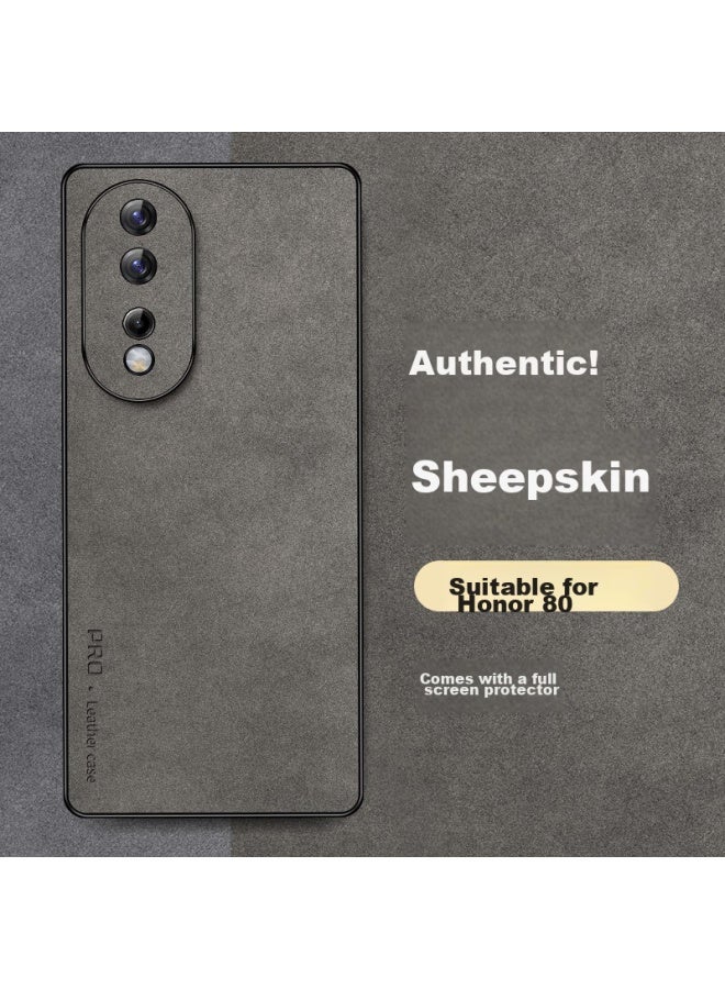 Shangsu, Suitable For Honor 80 Phone Case, Honor 80 Protective Cover, Shockproof, Full Lens Protection, Soft Shell, Simple Luxury, Lambskin Silicone Outer Case, For Women And Men, Leather Case, Gray - Image 1