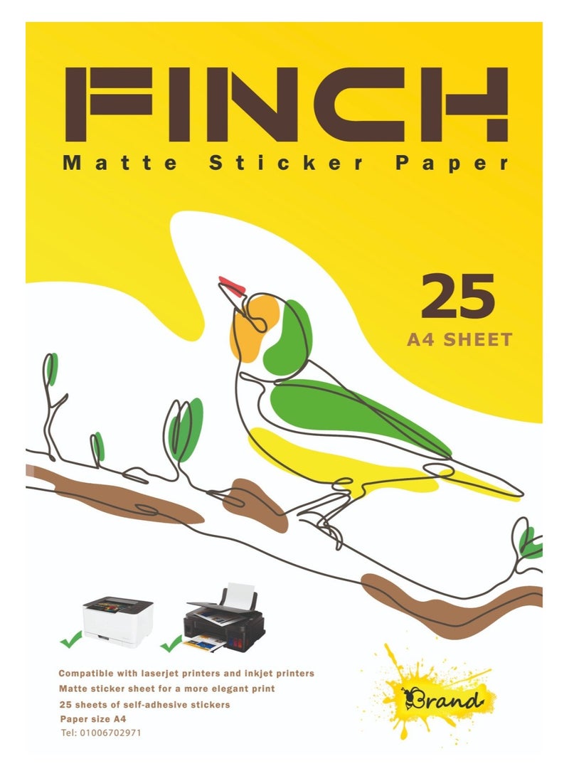 ورق لاصق للطباعة (استيكر) مطفي مقاس A4 من فينچ (FINCH) - متوافق مع طابعات الليزر والحبر - 25 ورقة - Image 1