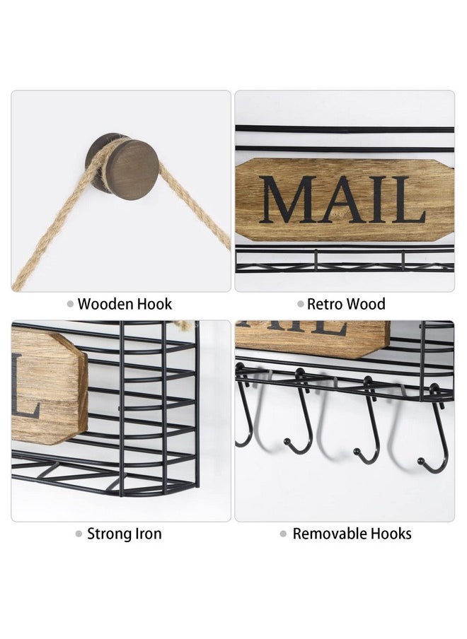 SRIWATANA Mail Organizer Wall Mount Rustic Mail Holder Key Holder For Wall With Hooks Small Size Carbonized Black  - Image 5