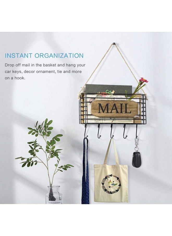 SRIWATANA Mail Organizer Wall Mount Rustic Mail Holder Key Holder For Wall With Hooks Small Size Carbonized Black  - Image 3