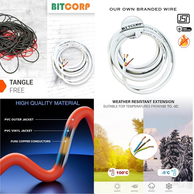 BITCORP لوحة تمديد بيتكورب صندوق تقاطع ثقيل 15A 16A 20A مقبس 1 طريق 3500W جهد عالي مع حماية حرارية تحكم في الارتفاع كابل بطول 15 متر أبيض - Image 4