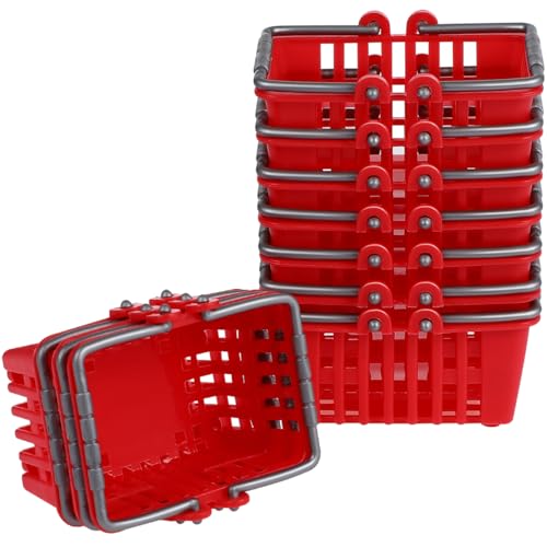 NUOBESTY 10Pcs Mini Shopping Basket Mini Supermarket Cart Tiny Plastic Retail Shopping Baskets with Handles for Kids Party Favors Dool House Ornament Red - Image 1
