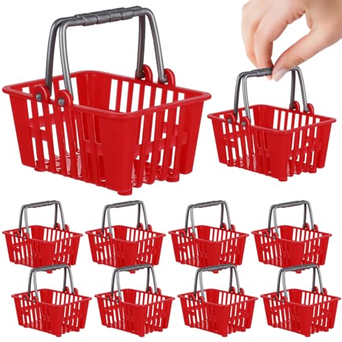 NUOBESTY 10Pcs Mini Shopping Basket Mini Supermarket Cart Tiny Plastic Retail Shopping Baskets with Handles for Kids Party Favors Dool House Ornament Red - Image 5