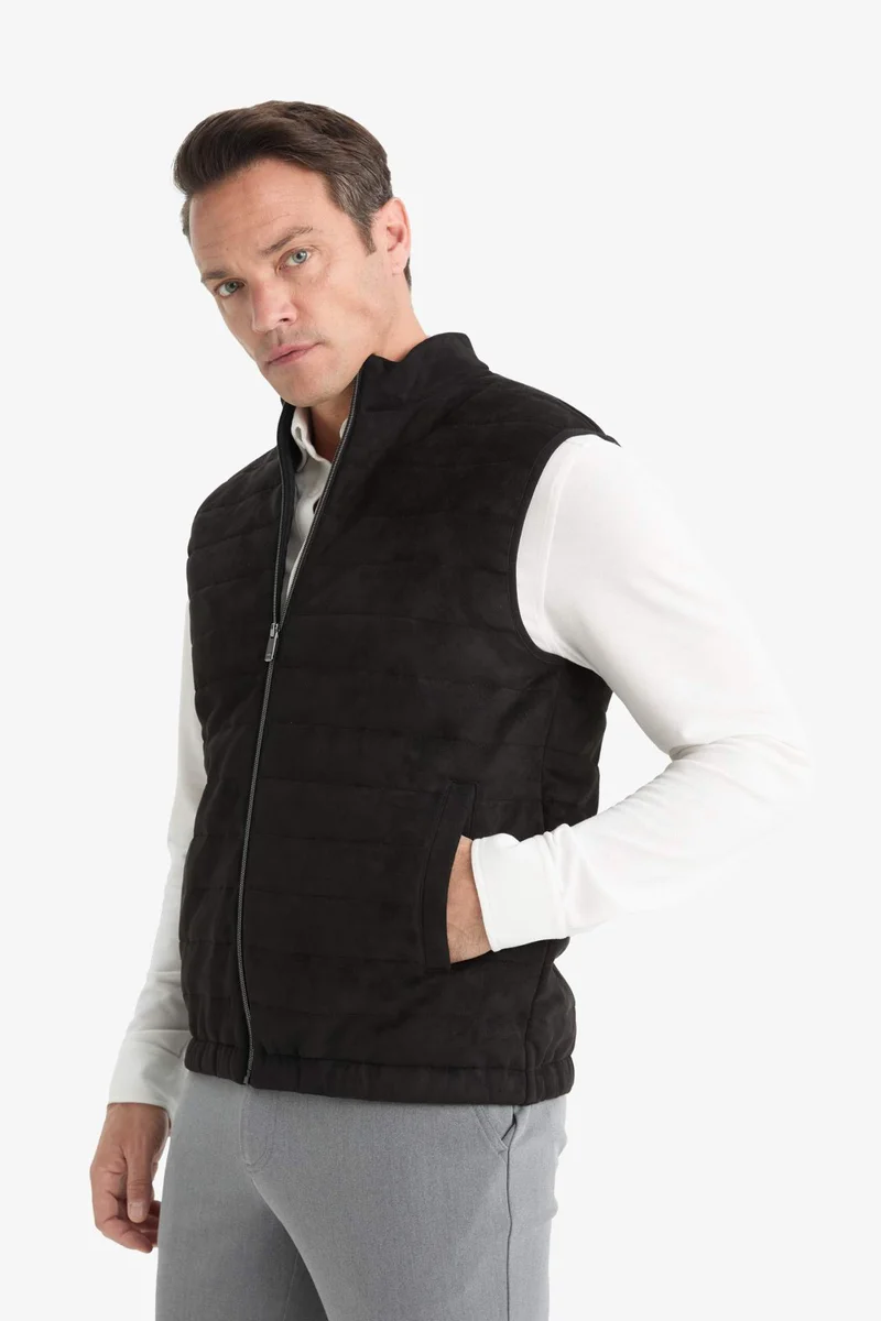 Defacto  Slim Fit Stand Collar Lined Zippered Suede Vest for Men | Best Price UAE