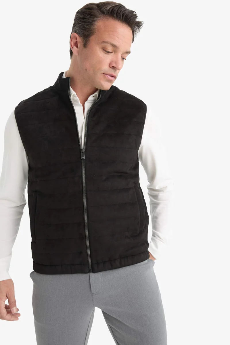 Defacto  Slim Fit Stand Collar Lined Zippered Suede Vest for Men | Best Price UAE