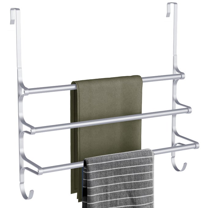OVER THE DOOR TOWEL RACK TRIPLE TOWEL STORAGE HOLDER WITH HOOKS 2362 INCHES TOWEL BAR HANGER TOWEL RACKS FOR BATHROOM SILVER