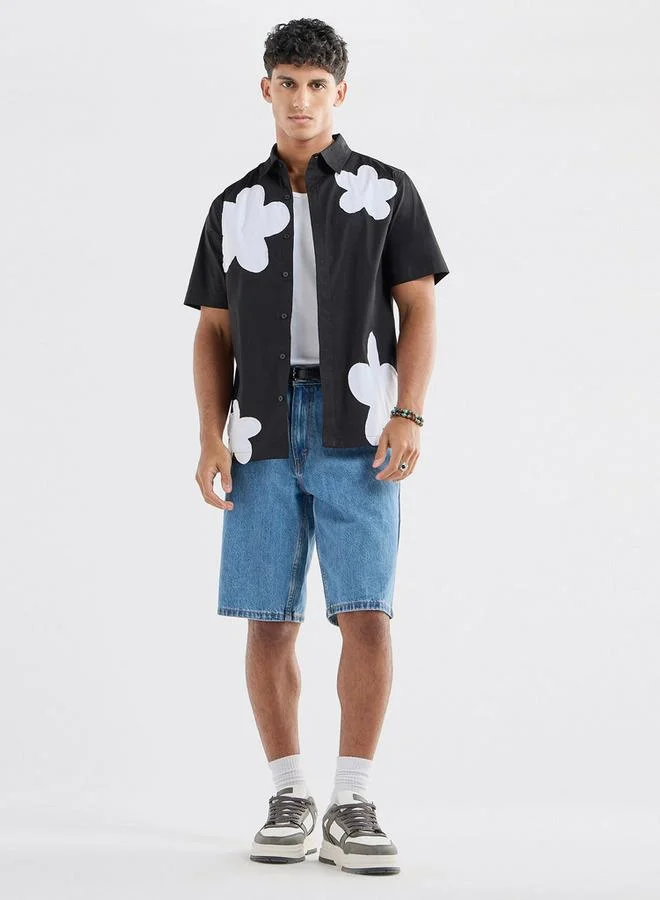 Splash FAV Floral Applique Detail Shirt with Short Sleeves
